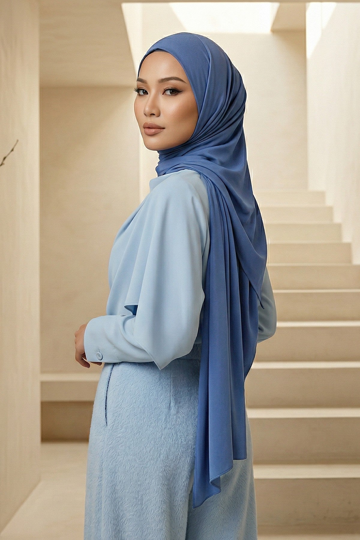 Neck-Covering Practical Jersey Hijab with Built-In Ninja Bonnet, Ready-to-Wear Hijab – Stretch Jersey Design with Integrated Undercap,PS-59 İndigo