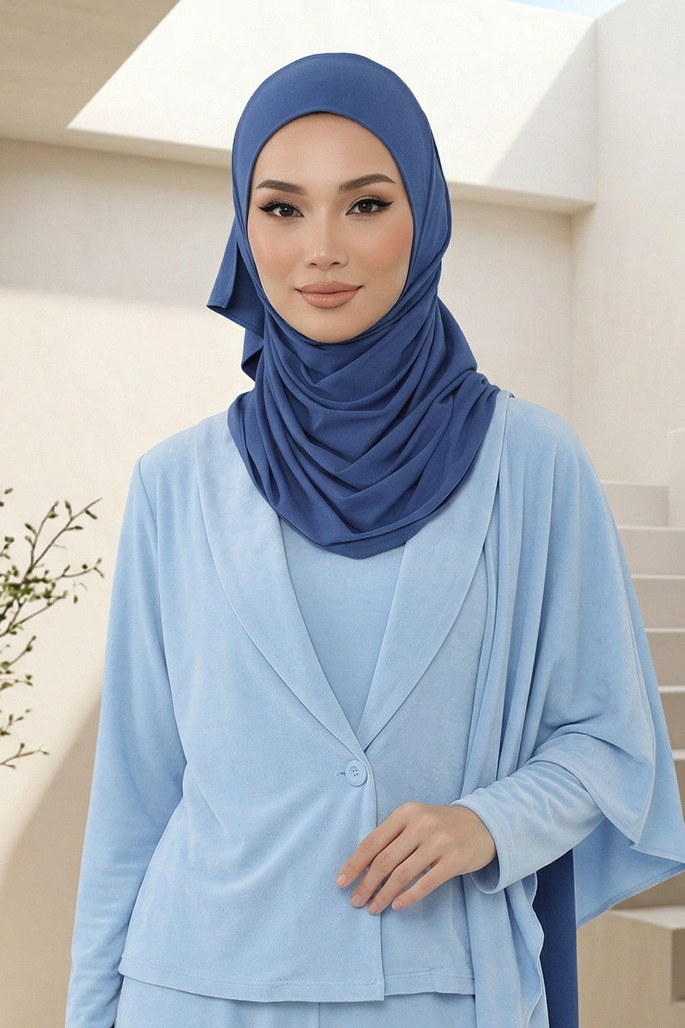 Neck-Covering Practical Jersey Hijab with Built-In Ninja Bonnet, Ready-to-Wear Hijab – Stretch Jersey Design with Integrated Undercap,PS-59 İndigo