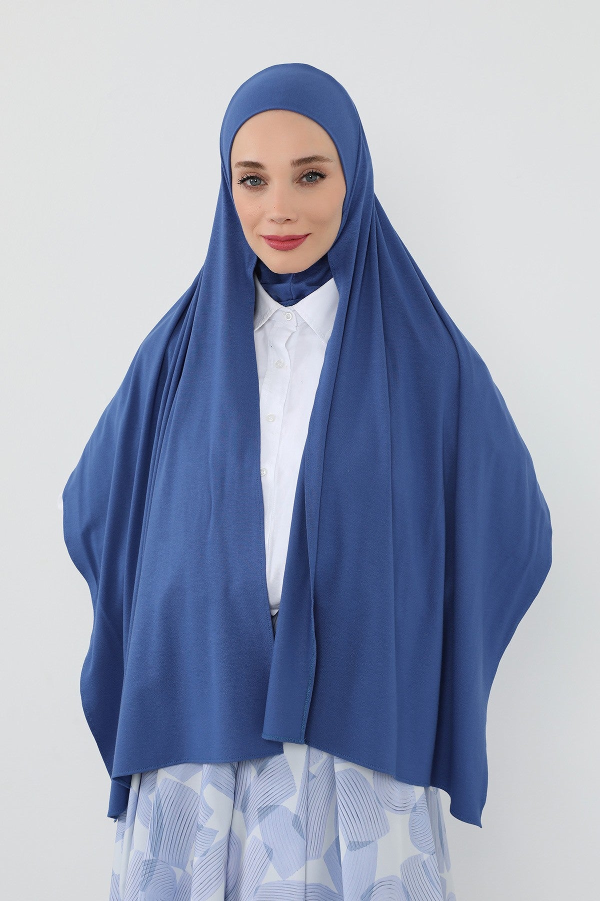 Neck-Covering Practical Jersey Hijab with Built-In Ninja Bonnet, Ready-to-Wear Hijab – Stretch Jersey Design with Integrated Undercap,PS-59 İndigo