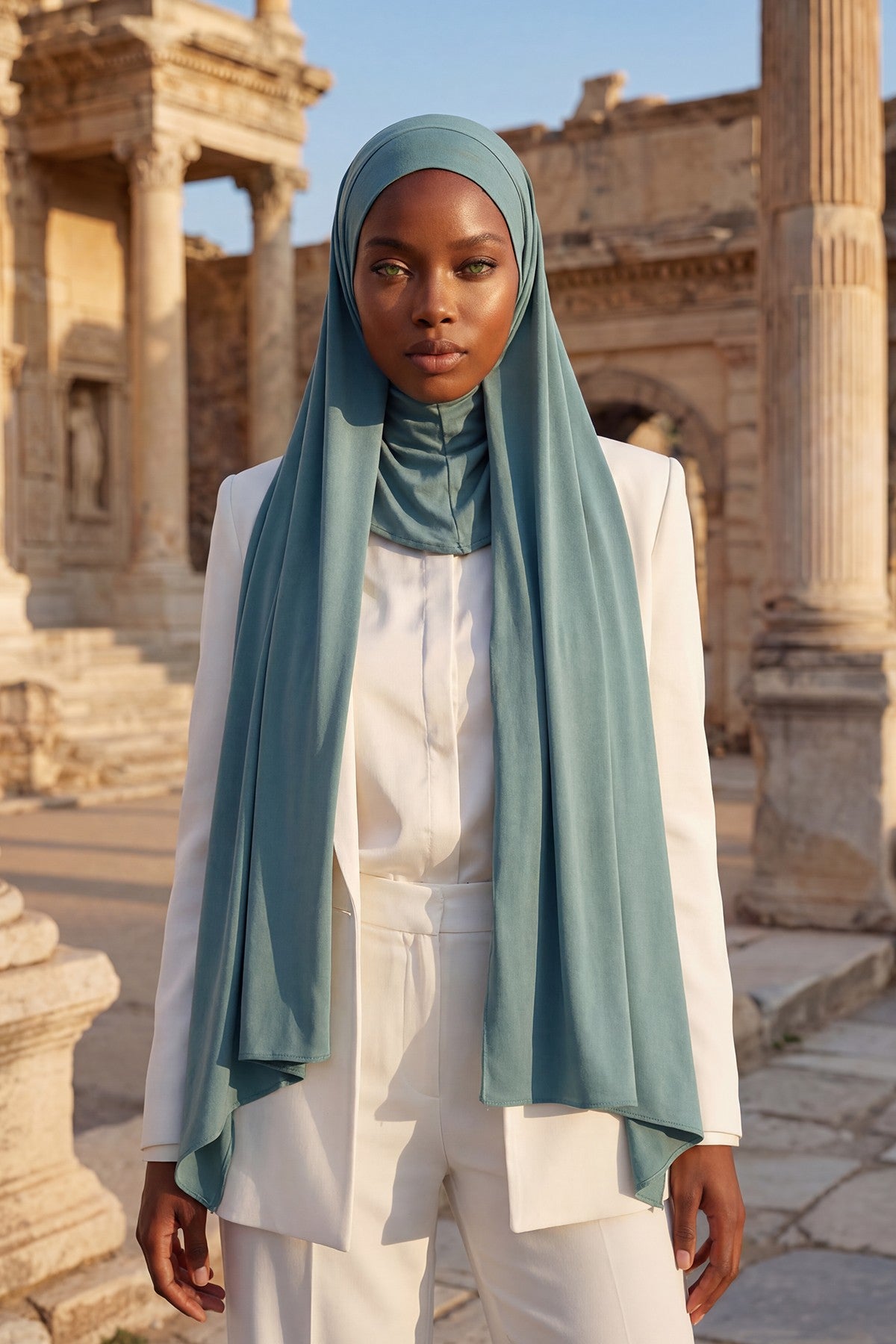 Neck-Covering Practical Jersey Hijab with Built-In Ninja Bonnet, Ready-to-Wear Hijab – Stretch Jersey Design with Integrated Undercap,PS-59 Dark Mint