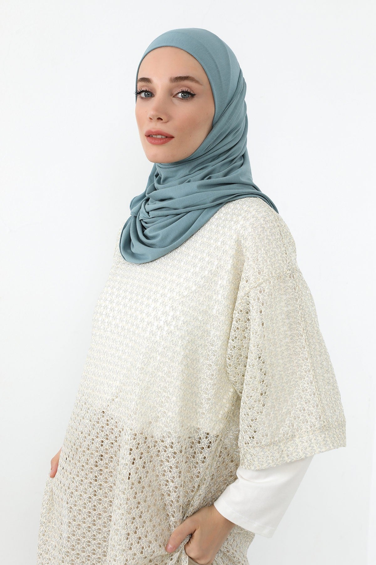 Neck-Covering Practical Jersey Hijab with Built-In Ninja Bonnet, Ready-to-Wear Hijab – Stretch Jersey Design with Integrated Undercap,PS-59 Dark Mint