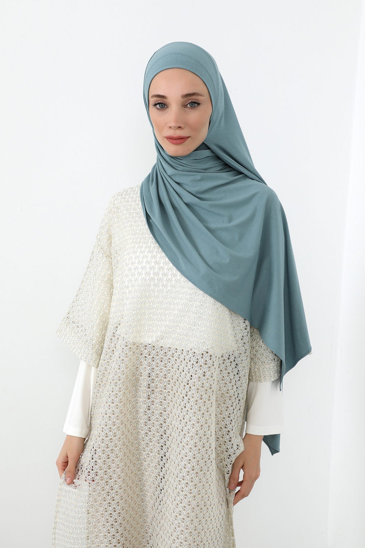 Neck-Covering Practical Jersey Hijab with Built-In Ninja Bonnet, Ready-to-Wear Hijab – Stretch Jersey Design with Integrated Undercap,PS-59 Dark Mint