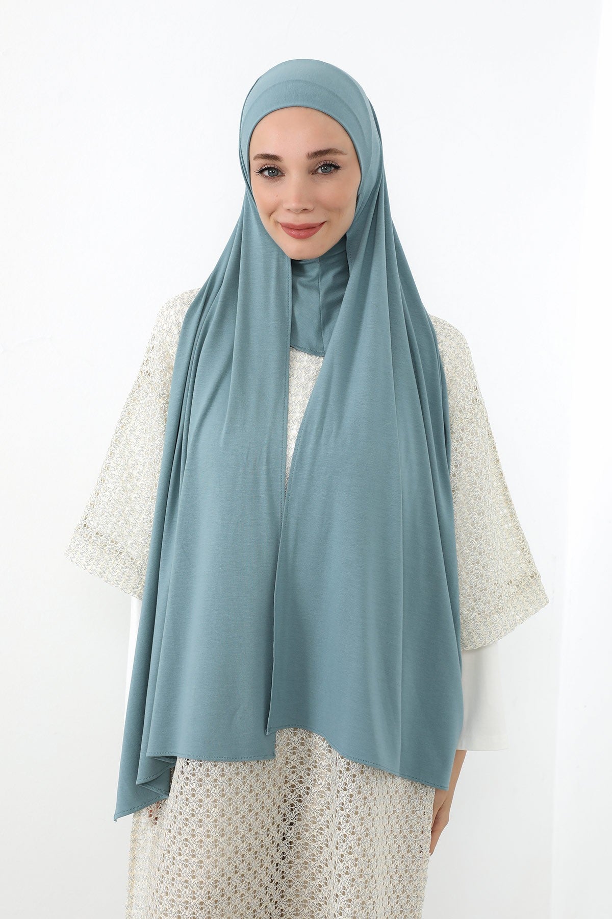 Neck-Covering Practical Jersey Hijab with Built-In Ninja Bonnet, Ready-to-Wear Hijab – Stretch Jersey Design with Integrated Undercap,PS-59 Dark Mint