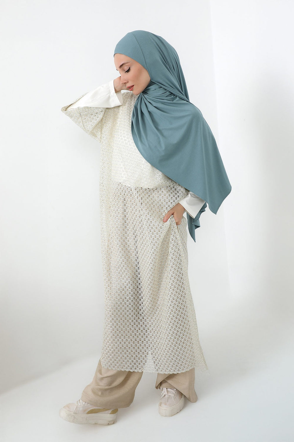 Neck-Covering Practical Jersey Hijab with Built-In Ninja Bonnet, Ready-to-Wear Hijab – Stretch Jersey Design with Integrated Undercap,PS-59 Dark Mint