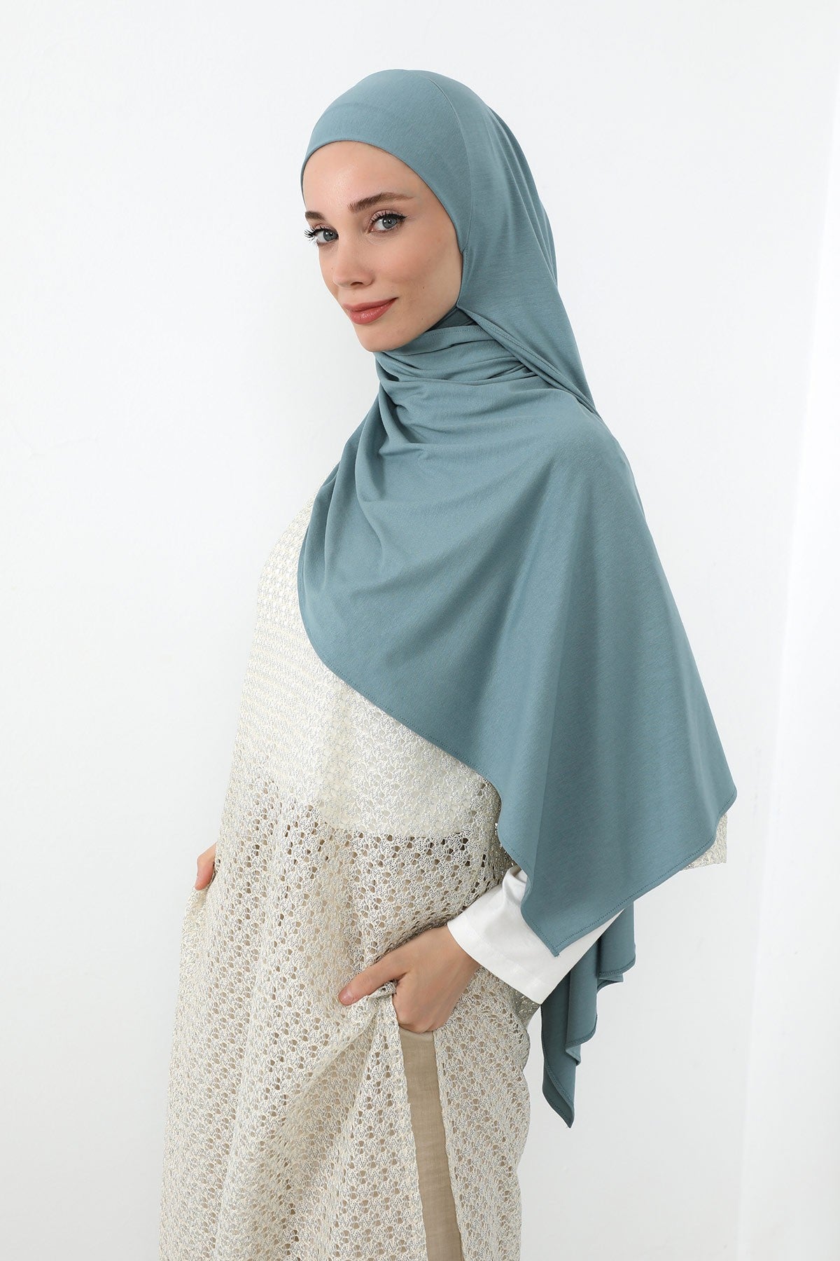 Neck-Covering Practical Jersey Hijab with Built-In Ninja Bonnet, Ready-to-Wear Hijab – Stretch Jersey Design with Integrated Undercap,PS-59 Dark Mint