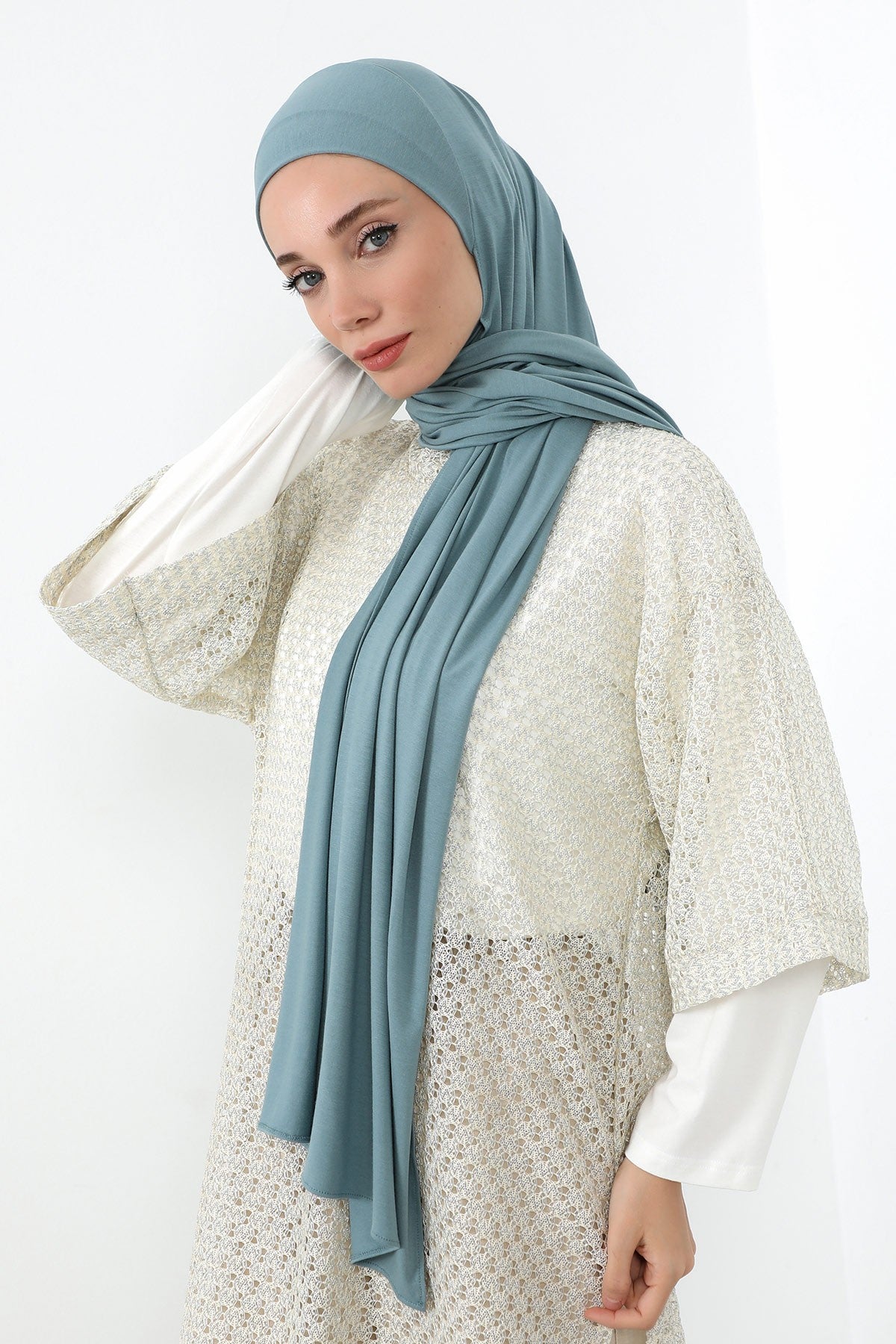 Neck-Covering Practical Jersey Hijab with Built-In Ninja Bonnet, Ready-to-Wear Hijab – Stretch Jersey Design with Integrated Undercap,PS-59 Dark Mint