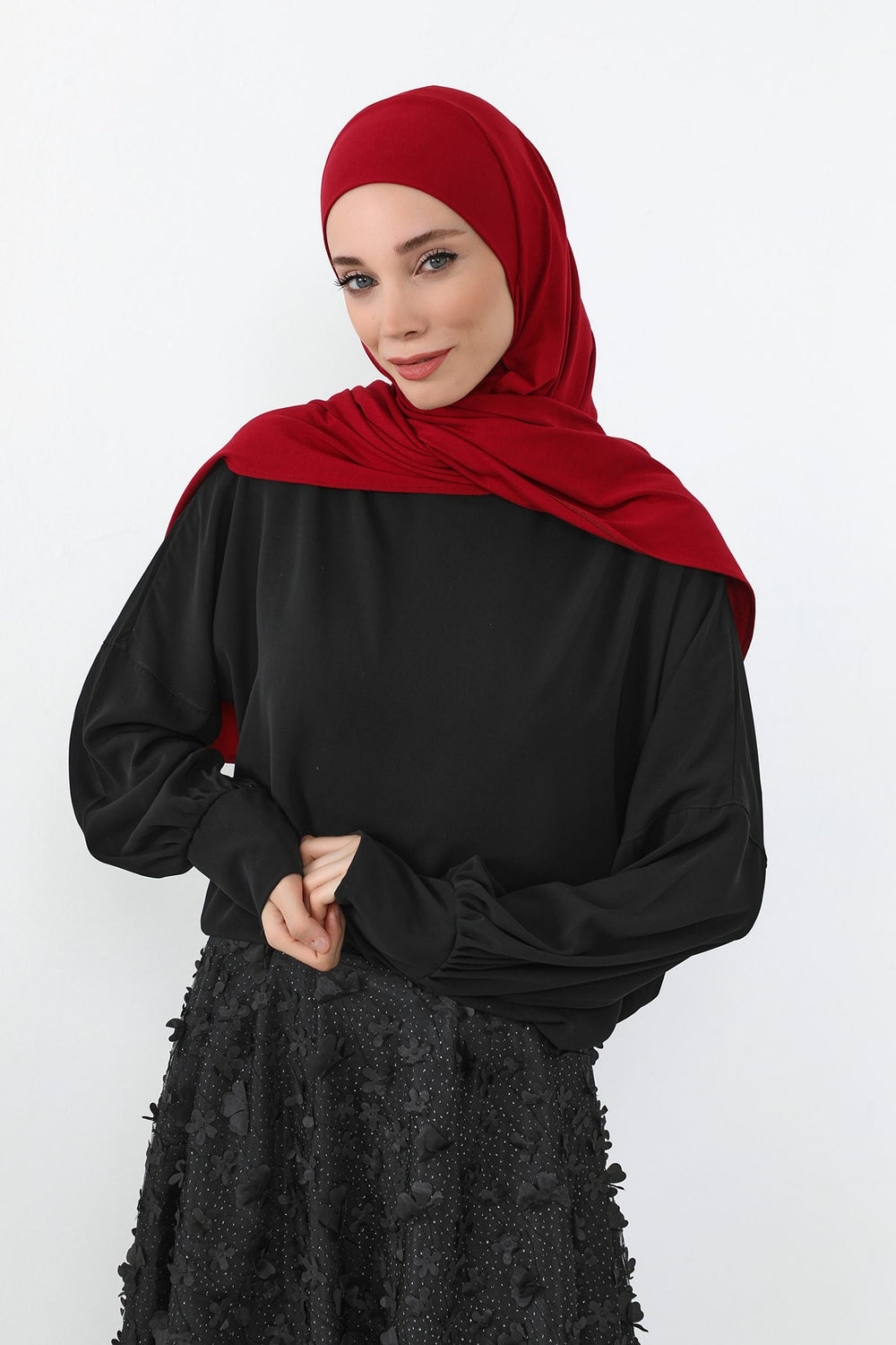Neck-Covering Practical Jersey Hijab with Built-In Ninja Bonnet, Ready-to-Wear Hijab – Stretch Jersey Design with Integrated Undercap,PS-59 Maroon