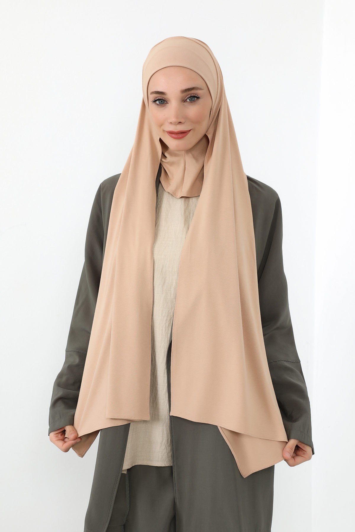 Neck-Covering Practical Jersey Hijab with Built-In Ninja Bonnet, Ready-to-Wear Hijab – Stretch Jersey Design with Integrated Undercap,PS-59 Light Mink
