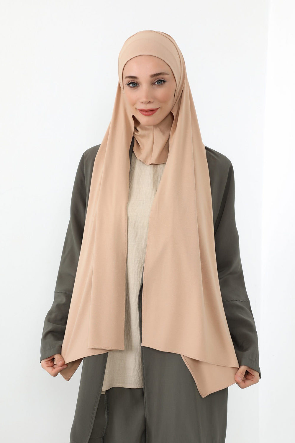 Neck-Covering Practical Jersey Hijab with Built-In Ninja Bonnet, Ready-to-Wear Hijab – Stretch Jersey Design with Integrated Undercap,PS-59 Light Mink