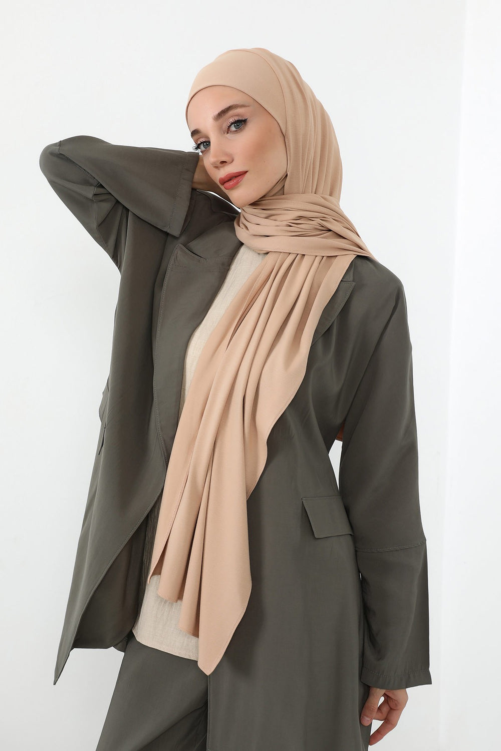 Neck-Covering Practical Jersey Hijab with Built-In Ninja Bonnet, Ready-to-Wear Hijab – Stretch Jersey Design with Integrated Undercap,PS-59 Light Mink