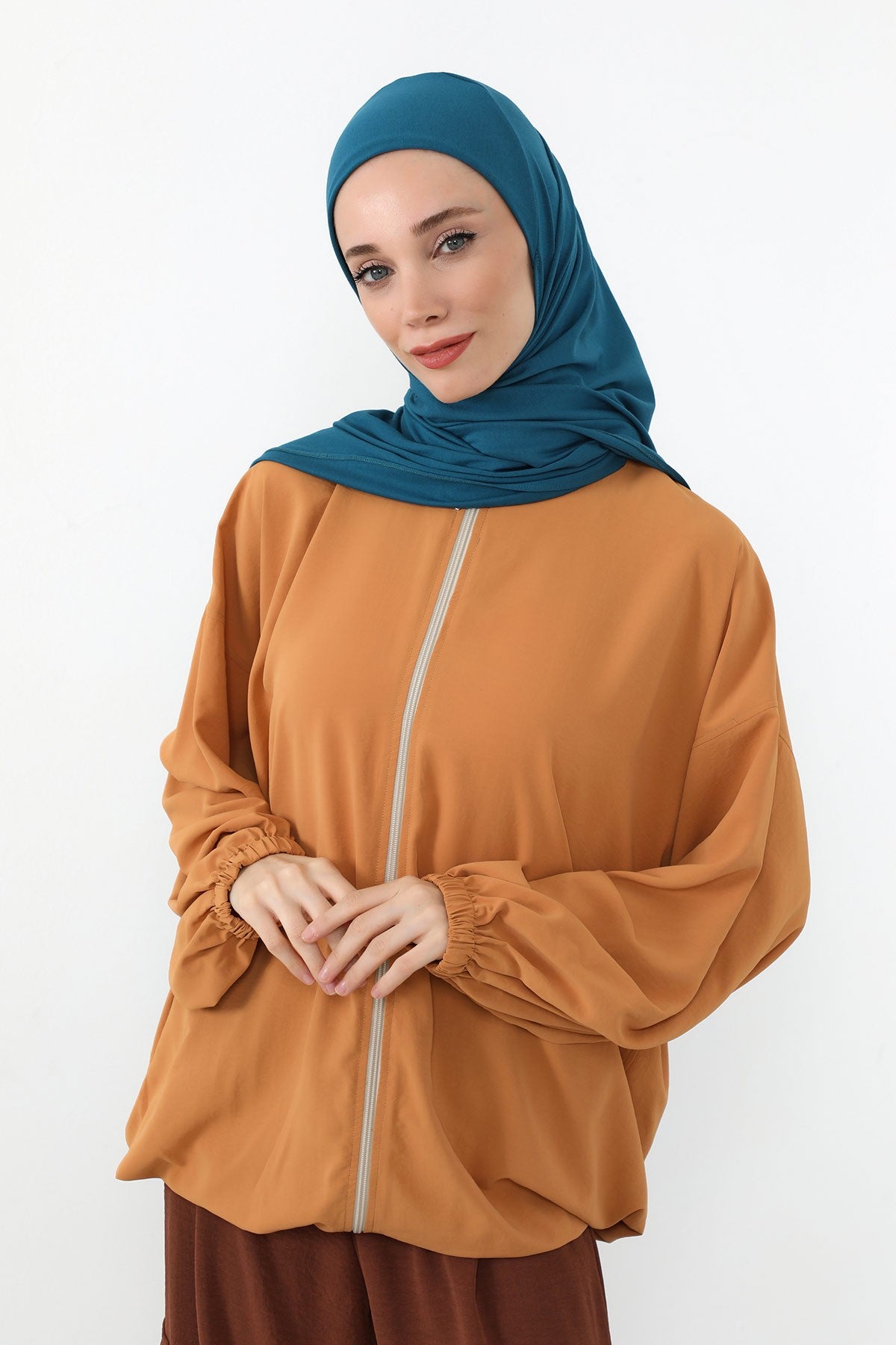 Neck-Covering Practical Jersey Hijab with Built-In Ninja Bonnet, Ready-to-Wear Hijab – Stretch Jersey Design with Integrated Undercap,PS-59 Petrol Blue