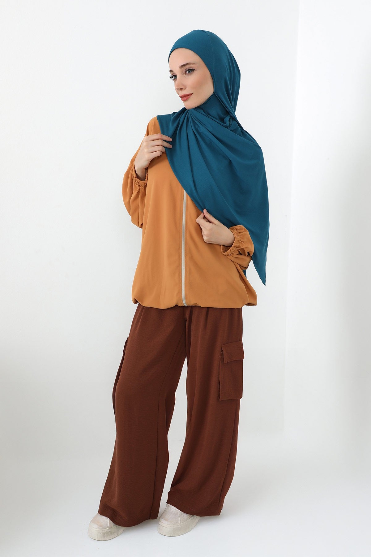 Neck-Covering Practical Jersey Hijab with Built-In Ninja Bonnet, Ready-to-Wear Hijab – Stretch Jersey Design with Integrated Undercap,PS-59 Petrol Blue