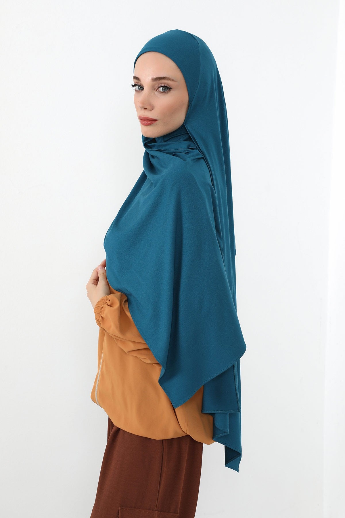 Neck-Covering Practical Jersey Hijab with Built-In Ninja Bonnet, Ready-to-Wear Hijab – Stretch Jersey Design with Integrated Undercap,PS-59 Petrol Blue