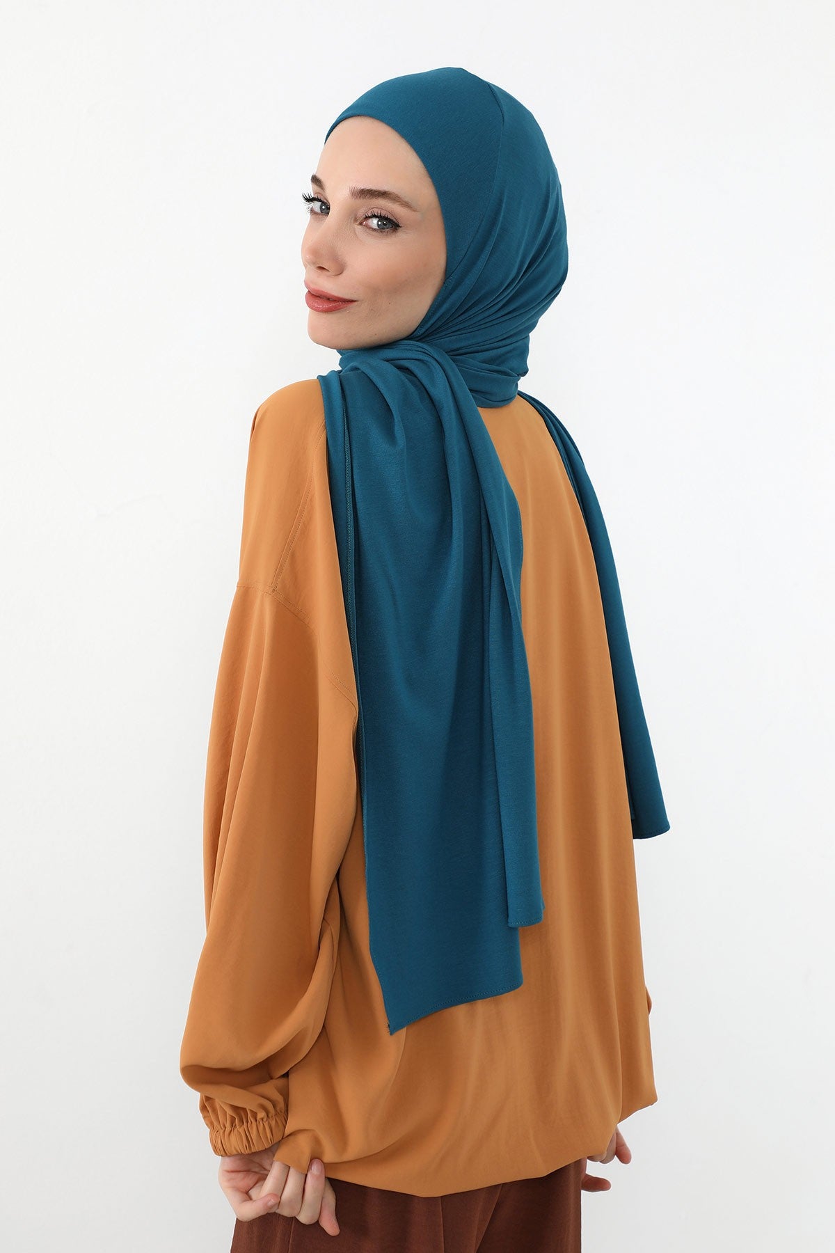 Neck-Covering Practical Jersey Hijab with Built-In Ninja Bonnet, Ready-to-Wear Hijab – Stretch Jersey Design with Integrated Undercap,PS-59 Petrol Blue