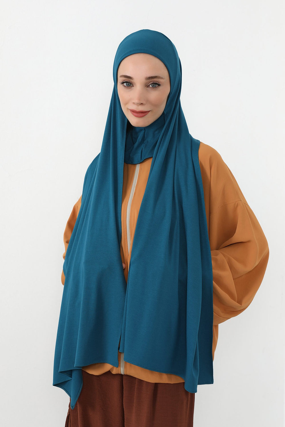 Neck-Covering Practical Jersey Hijab with Built-In Ninja Bonnet, Ready-to-Wear Hijab – Stretch Jersey Design with Integrated Undercap,PS-59 Petrol Blue