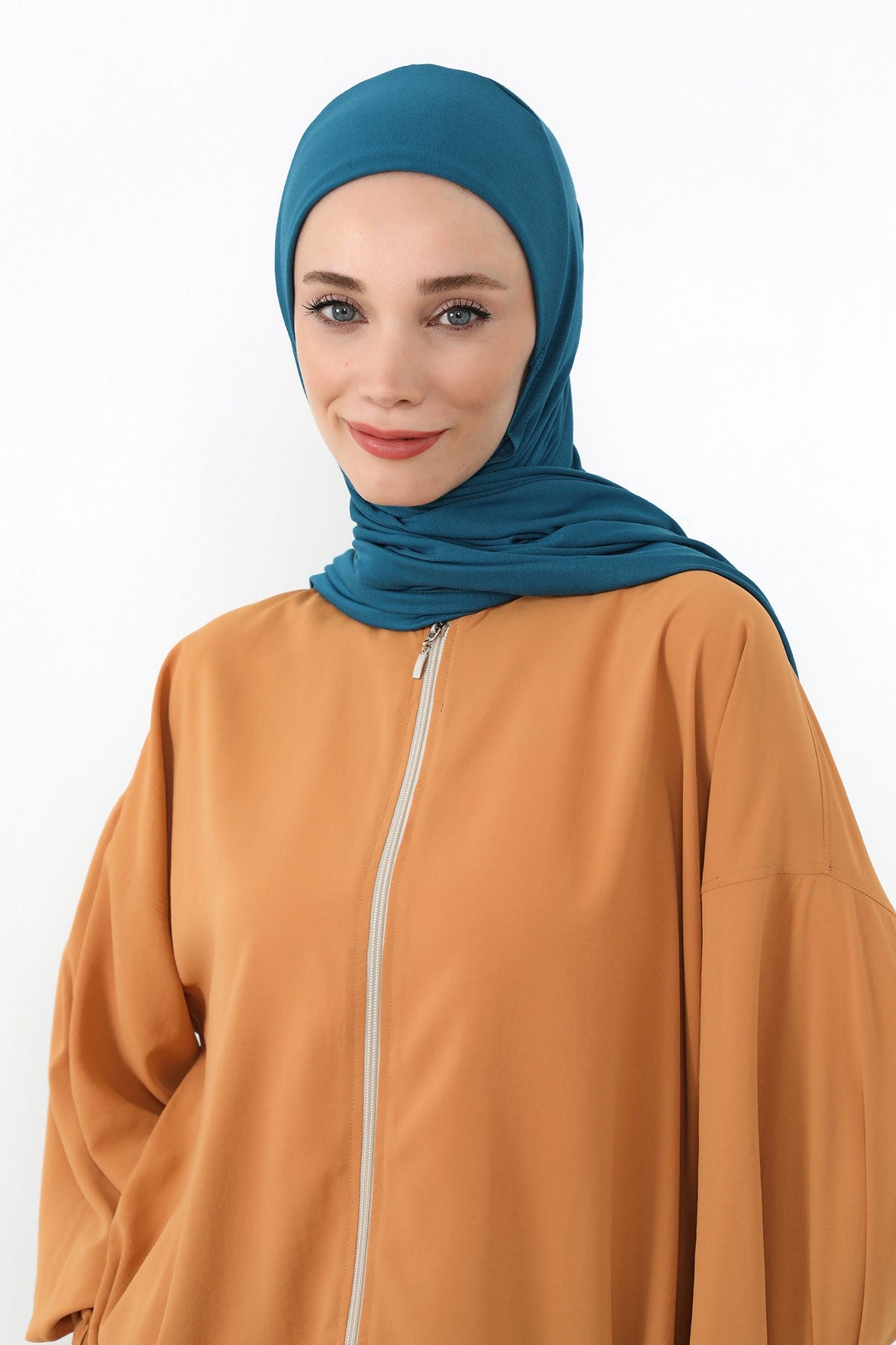 Neck-Covering Practical Jersey Hijab with Built-In Ninja Bonnet, Ready-to-Wear Hijab – Stretch Jersey Design with Integrated Undercap,PS-59 Petrol Blue