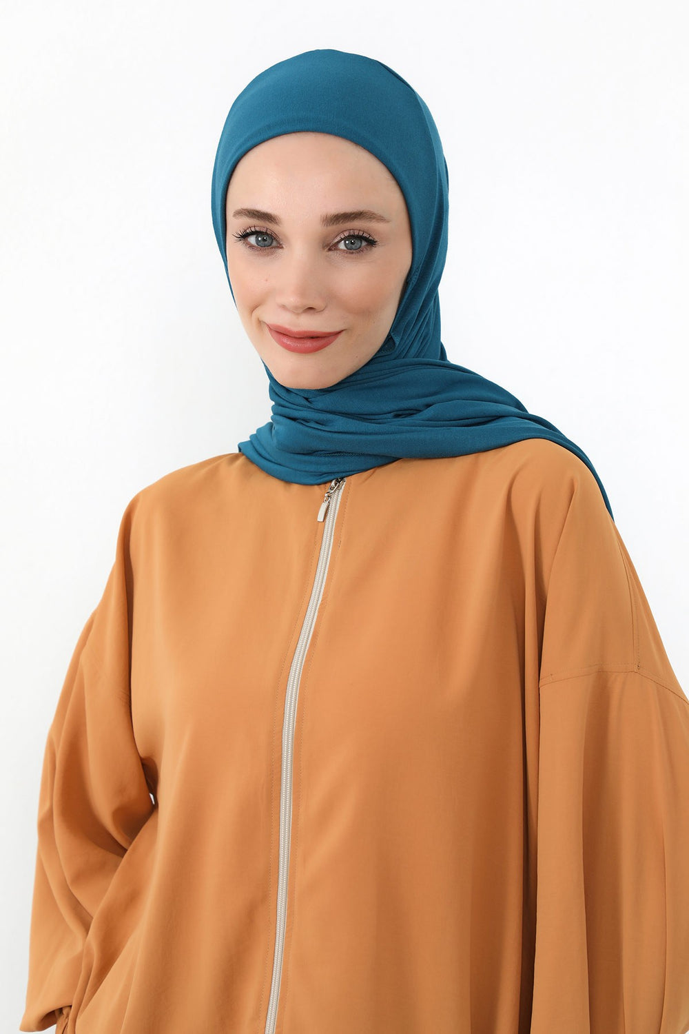 Neck-Covering Practical Jersey Hijab with Built-In Ninja Bonnet, Ready-to-Wear Hijab – Stretch Jersey Design with Integrated Undercap,PS-59 Petrol Blue