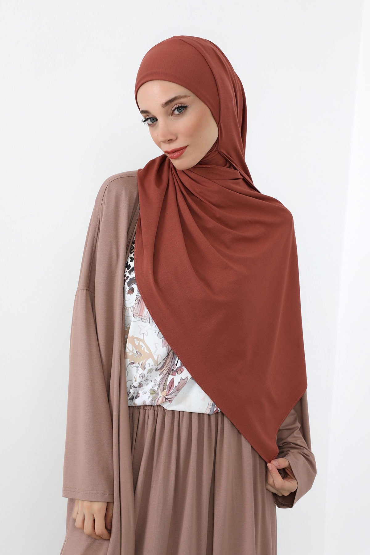 Neck-Covering Practical Jersey Hijab with Built-In Ninja Bonnet, Ready-to-Wear Hijab – Stretch Jersey Design with Integrated Undercap,PS-59 Cinnamon