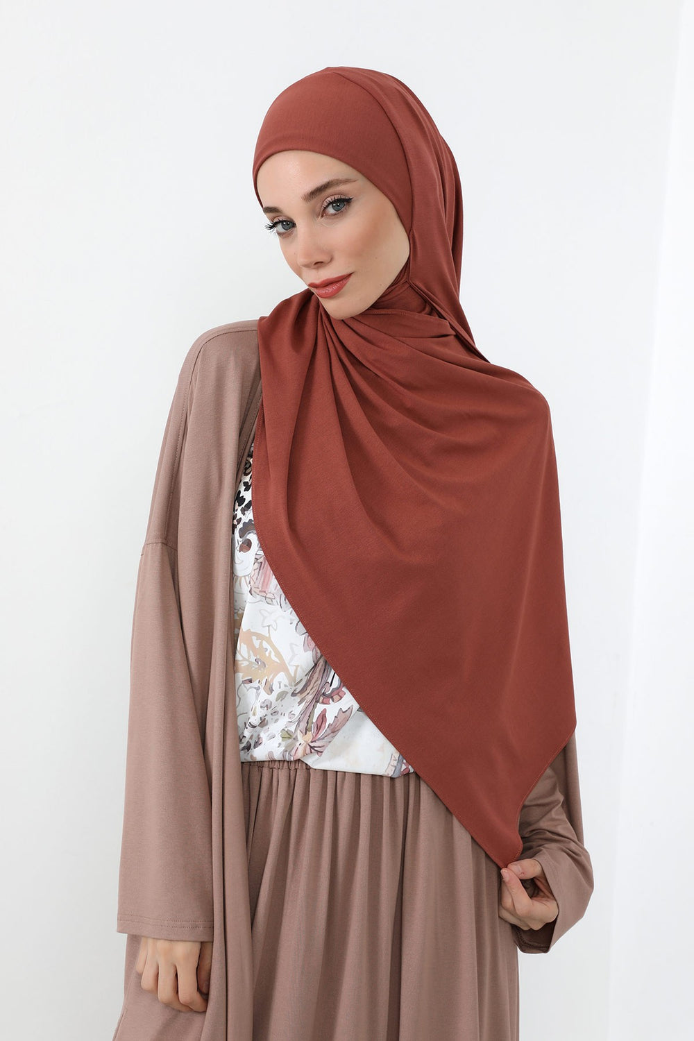Neck-Covering Practical Jersey Hijab with Built-In Ninja Bonnet, Ready-to-Wear Hijab – Stretch Jersey Design with Integrated Undercap,PS-59 Cinnamon