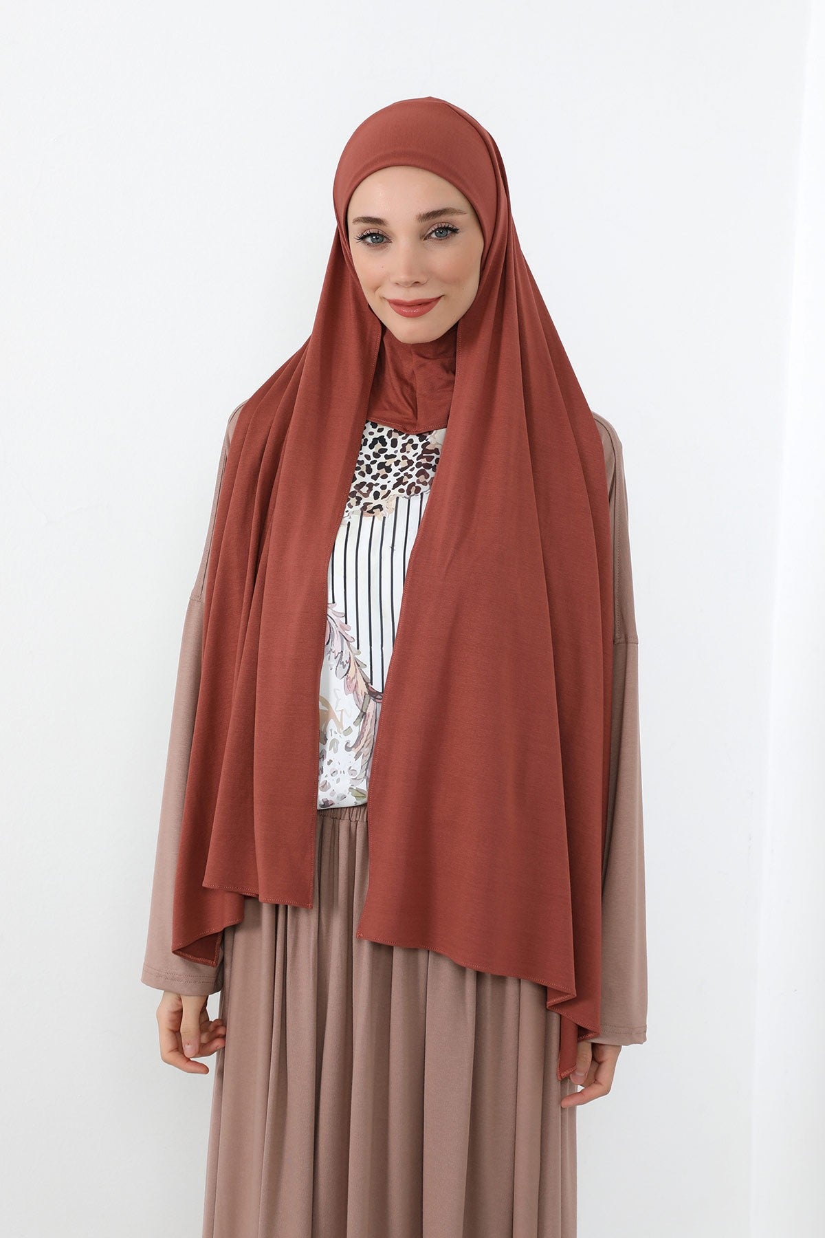 Neck-Covering Practical Jersey Hijab with Built-In Ninja Bonnet, Ready-to-Wear Hijab – Stretch Jersey Design with Integrated Undercap,PS-59 Cinnamon