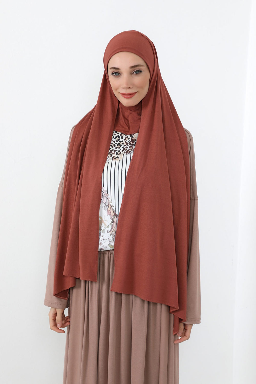 Neck-Covering Practical Jersey Hijab with Built-In Ninja Bonnet, Ready-to-Wear Hijab – Stretch Jersey Design with Integrated Undercap,PS-59 Cinnamon