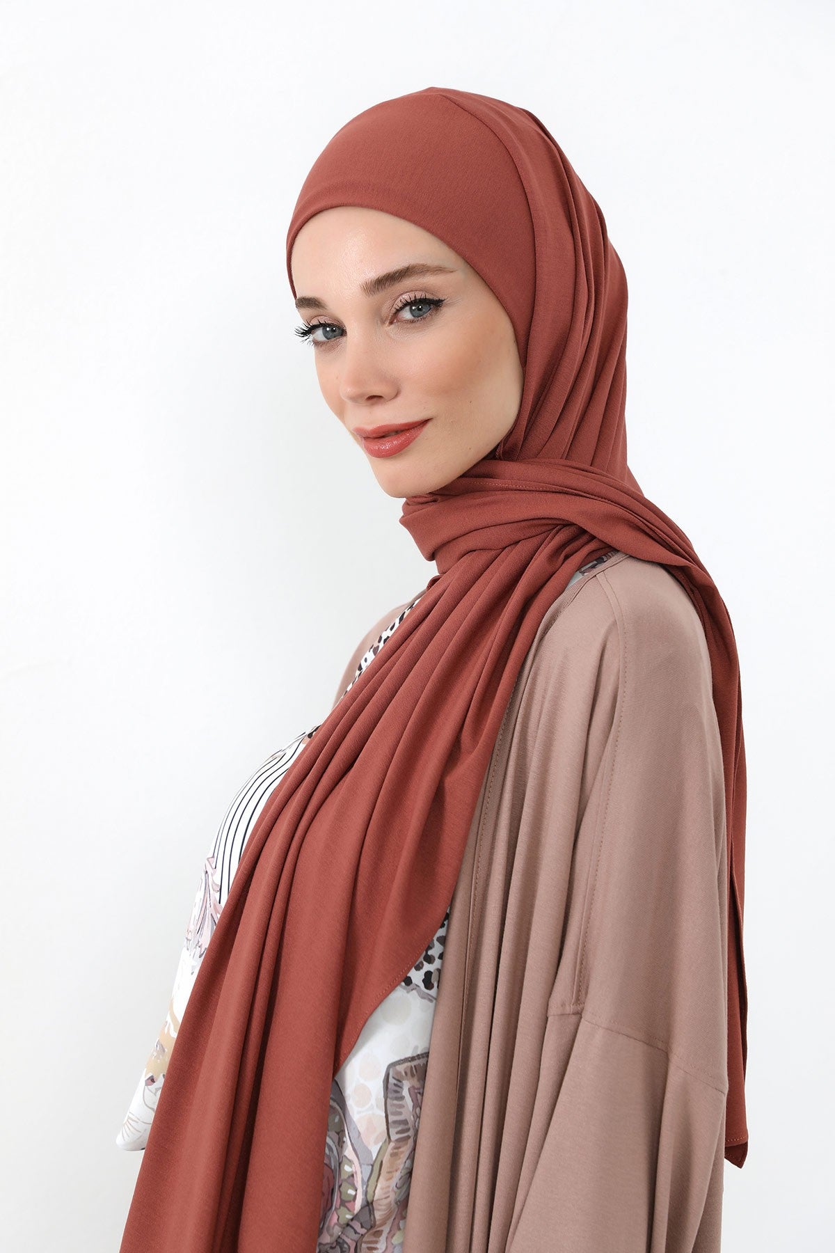 Neck-Covering Practical Jersey Hijab with Built-In Ninja Bonnet, Ready-to-Wear Hijab – Stretch Jersey Design with Integrated Undercap,PS-59 Cinnamon