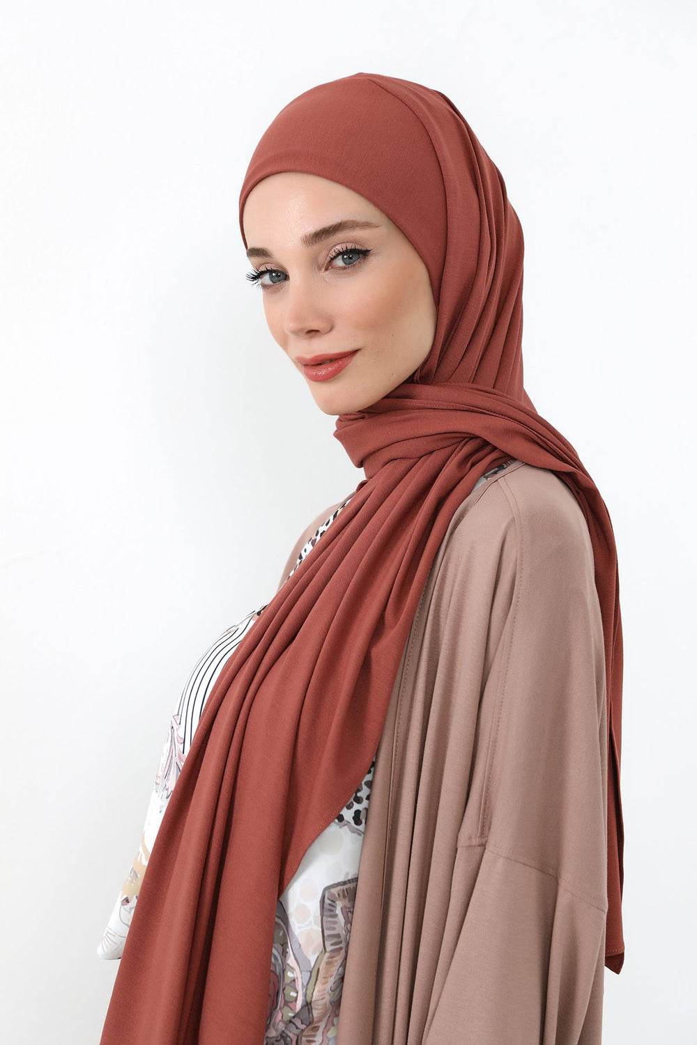 Neck-Covering Practical Jersey Hijab with Built-In Ninja Bonnet, Ready-to-Wear Hijab – Stretch Jersey Design with Integrated Undercap,PS-59 Cinnamon