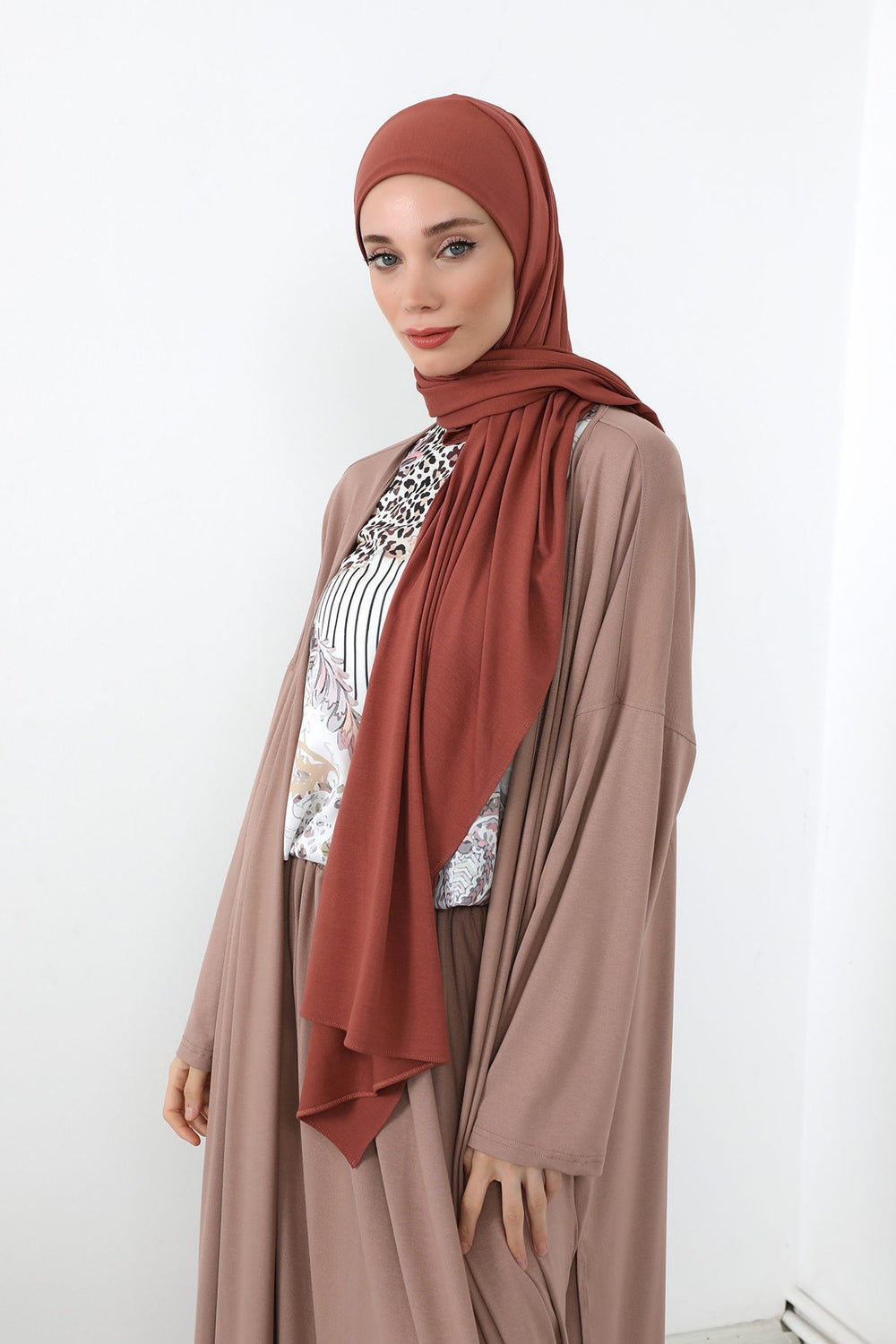 Neck-Covering Practical Jersey Hijab with Built-In Ninja Bonnet, Ready-to-Wear Hijab – Stretch Jersey Design with Integrated Undercap,PS-59 Cinnamon
