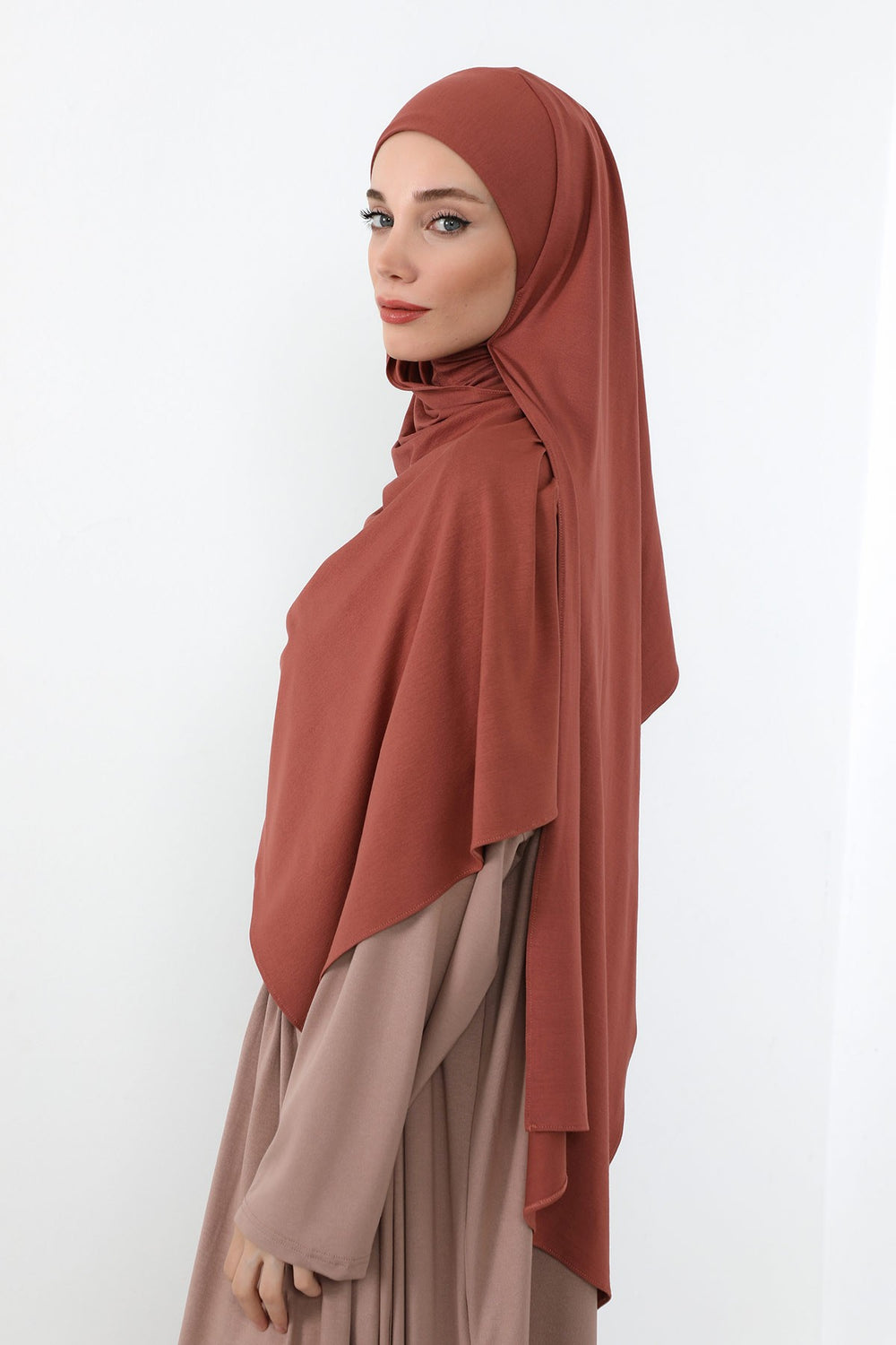 Neck-Covering Practical Jersey Hijab with Built-In Ninja Bonnet, Ready-to-Wear Hijab – Stretch Jersey Design with Integrated Undercap,PS-59 Cinnamon