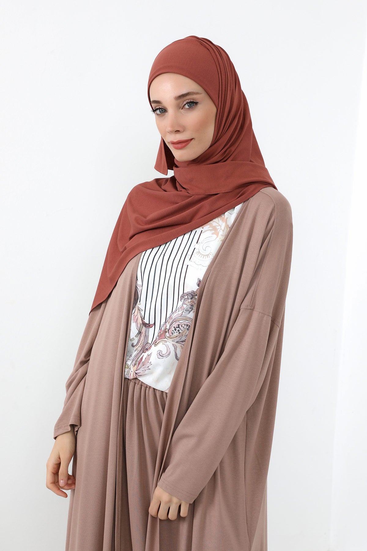 Neck-Covering Practical Jersey Hijab with Built-In Ninja Bonnet, Ready-to-Wear Hijab – Stretch Jersey Design with Integrated Undercap,PS-59 Cinnamon