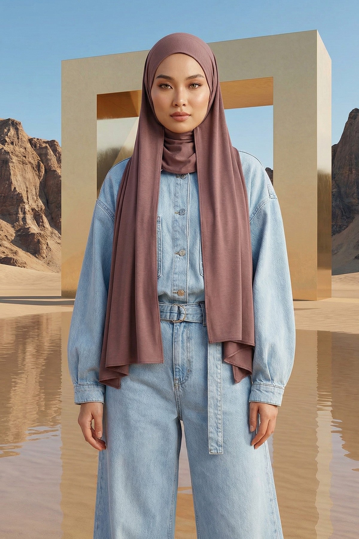 Neck-Covering Practical Jersey Hijab with Built-In Ninja Bonnet, Ready-to-Wear Hijab – Stretch Jersey Design with Integrated Undercap,PS-59 Dusty Rose