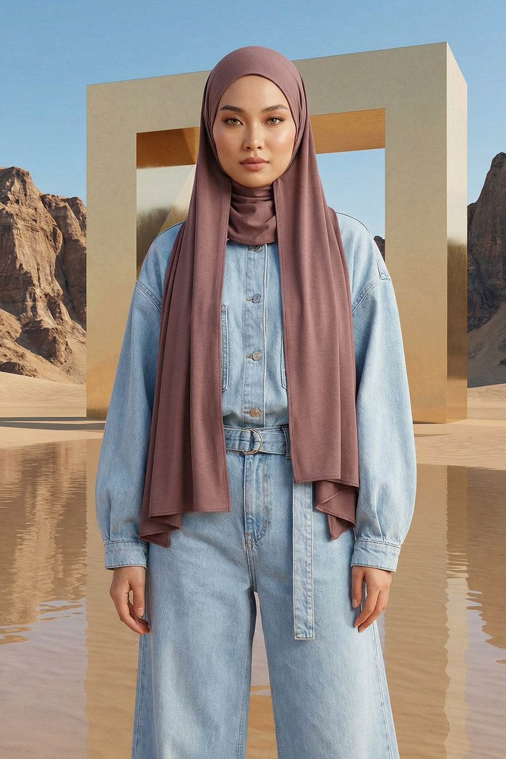 Neck-Covering Practical Jersey Hijab with Built-In Ninja Bonnet, Ready-to-Wear Hijab – Stretch Jersey Design with Integrated Undercap,PS-59 Dusty Rose