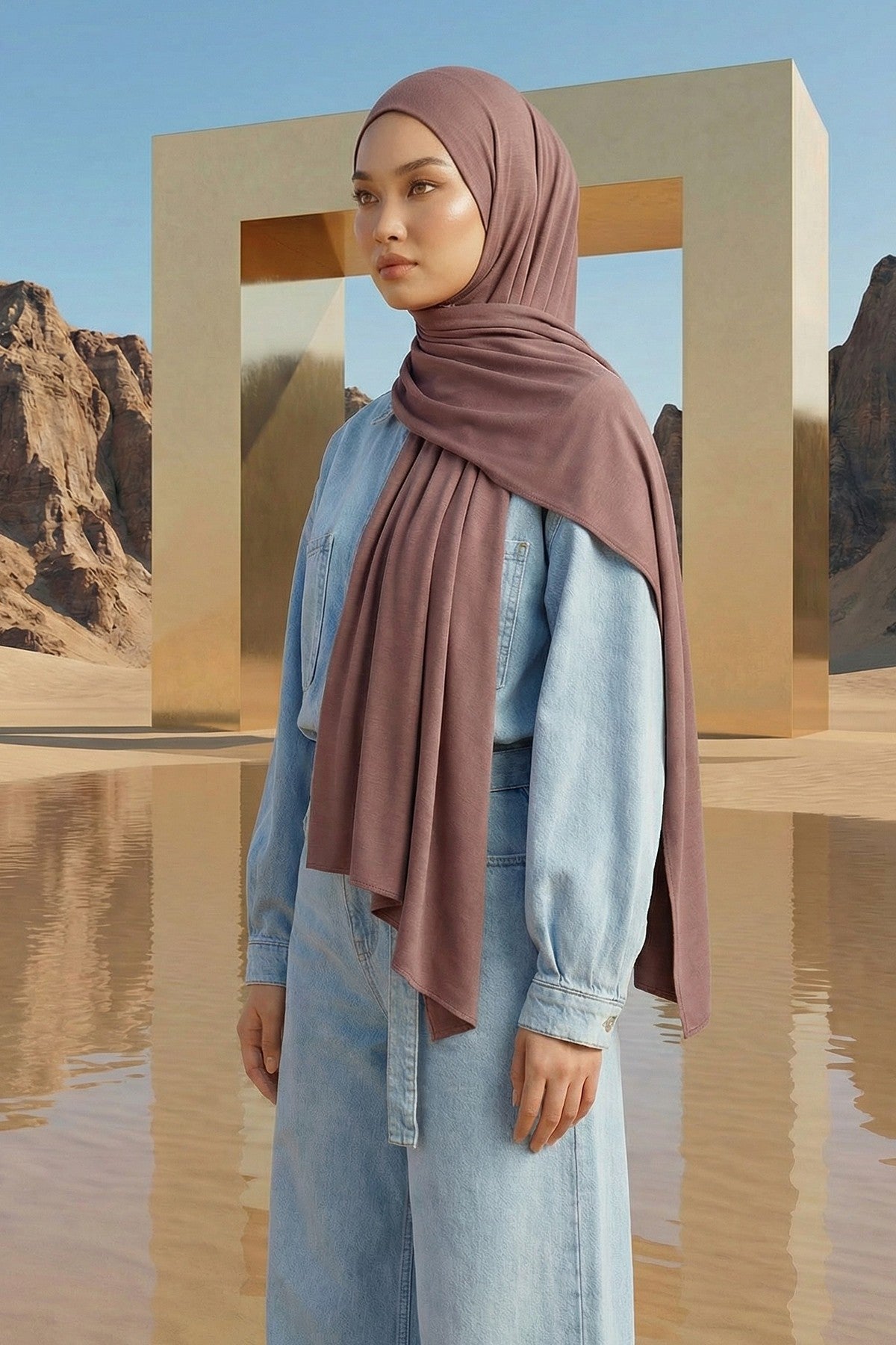 Neck-Covering Practical Jersey Hijab with Built-In Ninja Bonnet, Ready-to-Wear Hijab – Stretch Jersey Design with Integrated Undercap,PS-59 Dusty Rose