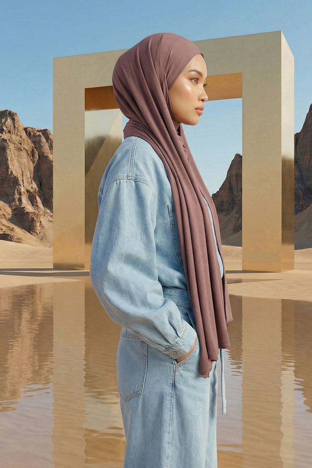 Neck-Covering Practical Jersey Hijab with Built-In Ninja Bonnet, Ready-to-Wear Hijab – Stretch Jersey Design with Integrated Undercap,PS-59 Dusty Rose