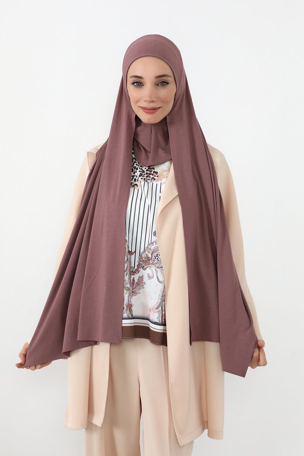 Neck-Covering Practical Jersey Hijab with Built-In Ninja Bonnet, Ready-to-Wear Hijab – Stretch Jersey Design with Integrated Undercap,PS-59 Dusty Rose
