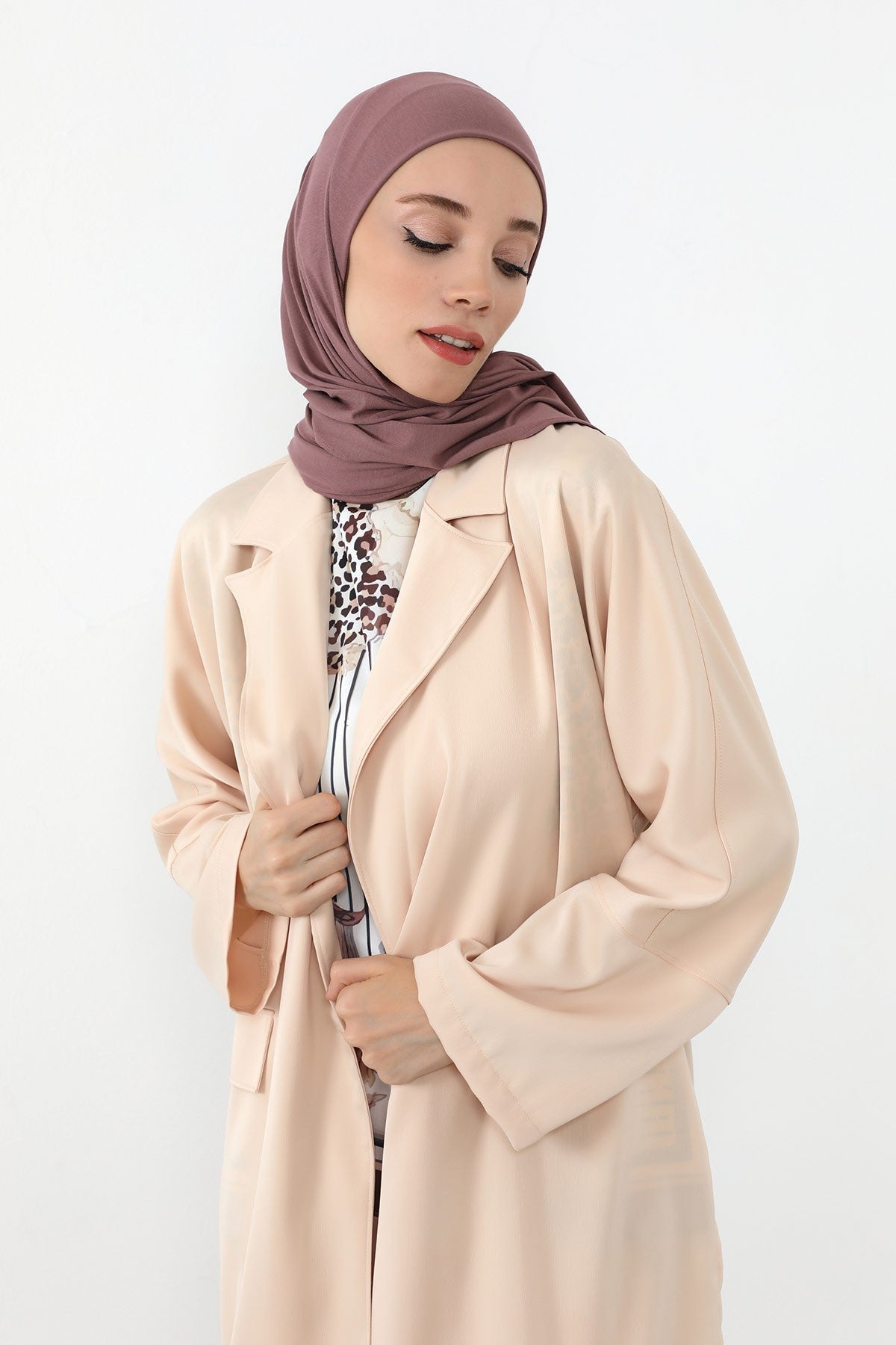 Neck-Covering Practical Jersey Hijab with Built-In Ninja Bonnet, Ready-to-Wear Hijab – Stretch Jersey Design with Integrated Undercap,PS-59 Dusty Rose