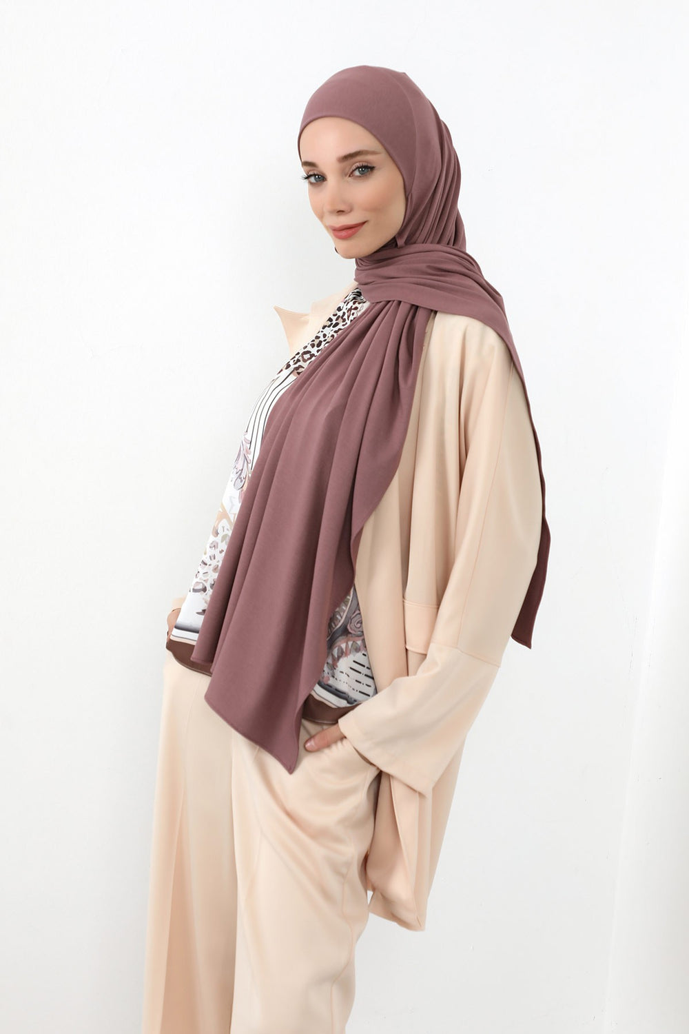 Neck-Covering Practical Jersey Hijab with Built-In Ninja Bonnet, Ready-to-Wear Hijab – Stretch Jersey Design with Integrated Undercap,PS-59 Dusty Rose