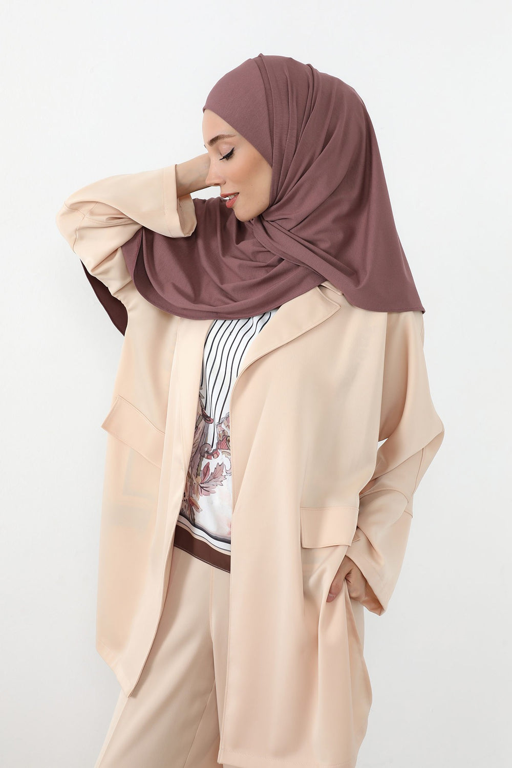 Neck-Covering Practical Jersey Hijab with Built-In Ninja Bonnet, Ready-to-Wear Hijab – Stretch Jersey Design with Integrated Undercap,PS-59 Dusty Rose