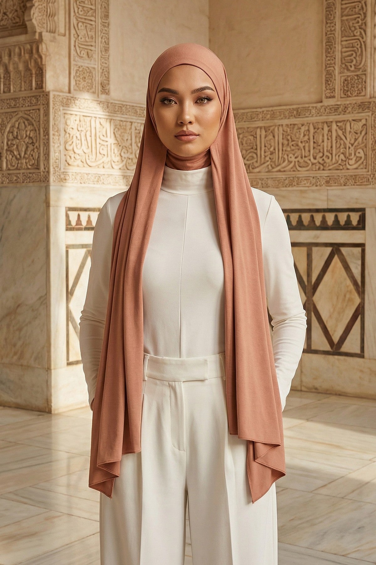 Neck-Covering Practical Jersey Hijab with Built-In Ninja Bonnet, Ready-to-Wear Hijab – Stretch Jersey Design with Integrated Undercap,PS-59 Cappucino