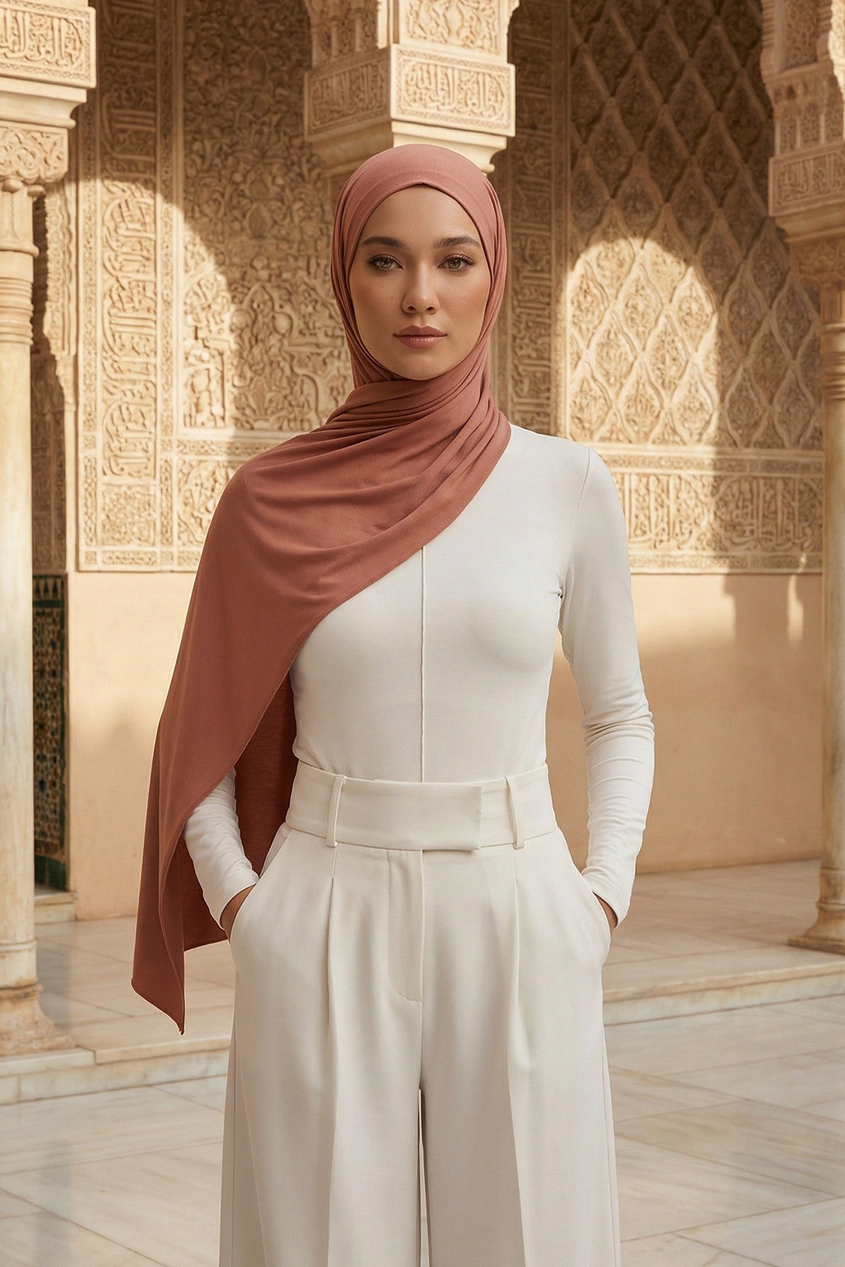 Neck-Covering Practical Jersey Hijab with Built-In Ninja Bonnet, Ready-to-Wear Hijab – Stretch Jersey Design with Integrated Undercap,PS-59 Cappucino