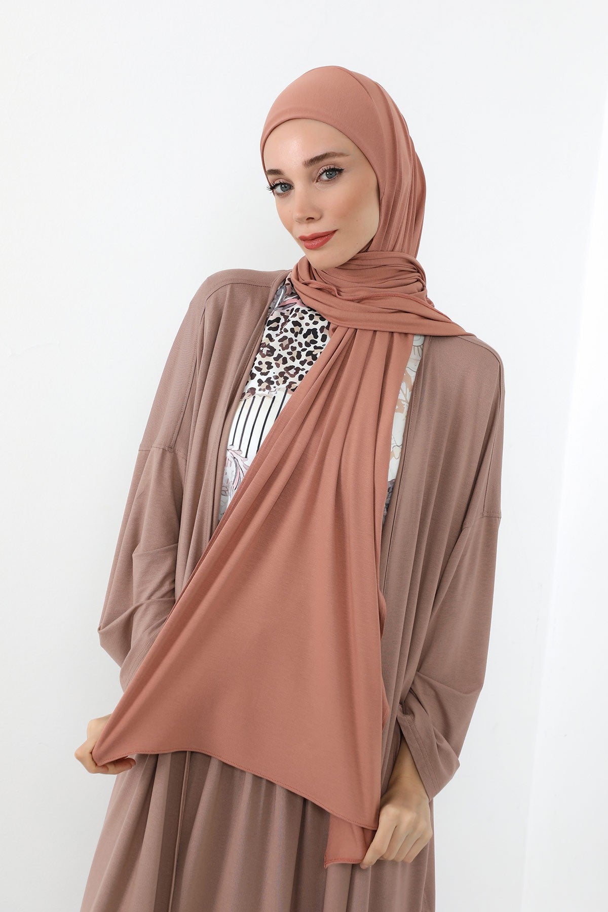 Neck-Covering Practical Jersey Hijab with Built-In Ninja Bonnet, Ready-to-Wear Hijab – Stretch Jersey Design with Integrated Undercap,PS-59 Cappucino