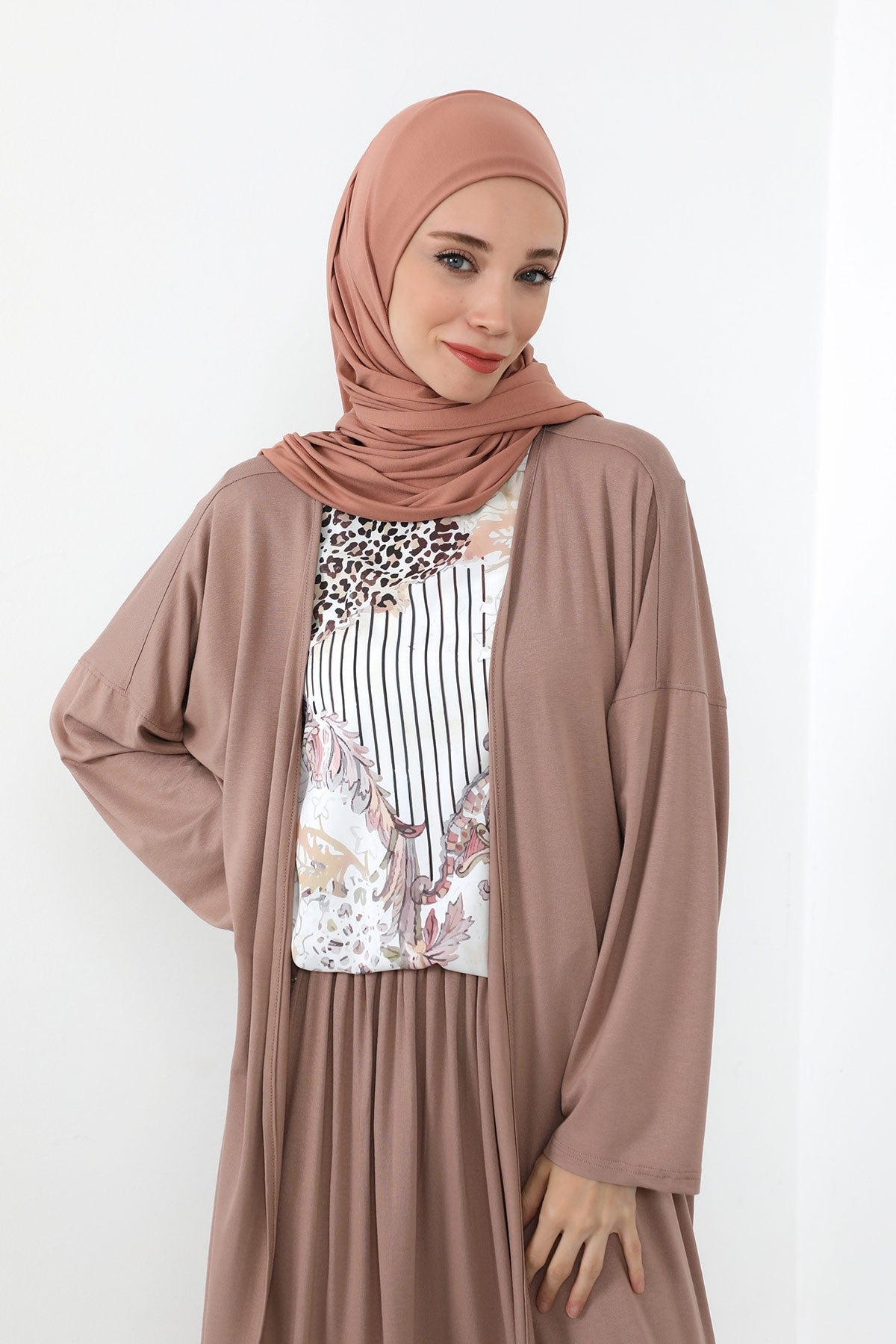 Neck-Covering Practical Jersey Hijab with Built-In Ninja Bonnet, Ready-to-Wear Hijab – Stretch Jersey Design with Integrated Undercap,PS-59 Cappucino