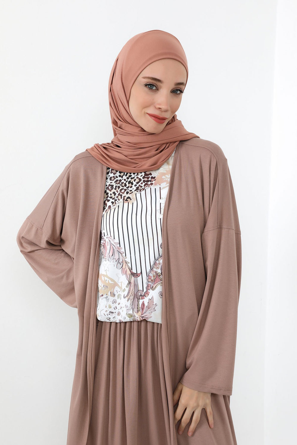 Neck-Covering Practical Jersey Hijab with Built-In Ninja Bonnet, Ready-to-Wear Hijab – Stretch Jersey Design with Integrated Undercap,PS-59 Cappucino