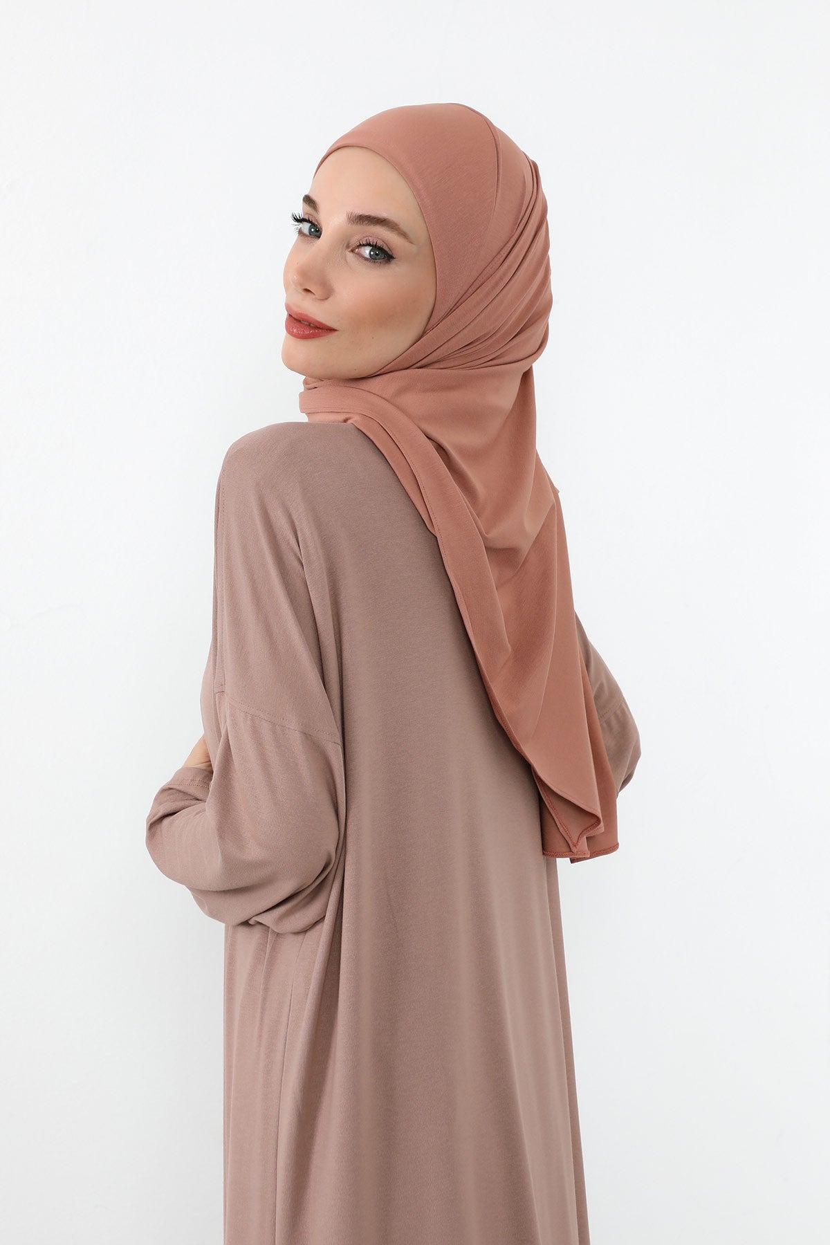 Neck-Covering Practical Jersey Hijab with Built-In Ninja Bonnet, Ready-to-Wear Hijab – Stretch Jersey Design with Integrated Undercap,PS-59 Cappucino