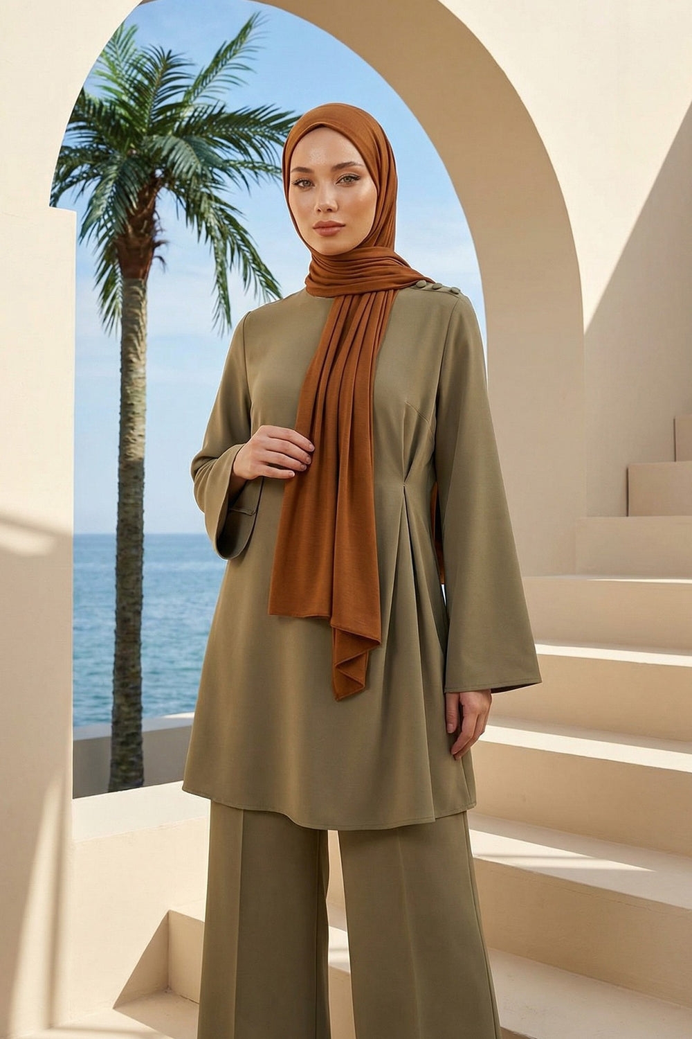 Neck-Covering Practical Jersey Hijab with Built-In Ninja Bonnet, Ready-to-Wear Hijab – Stretch Jersey Design with Integrated Undercap,PS-59 Dark Mustard