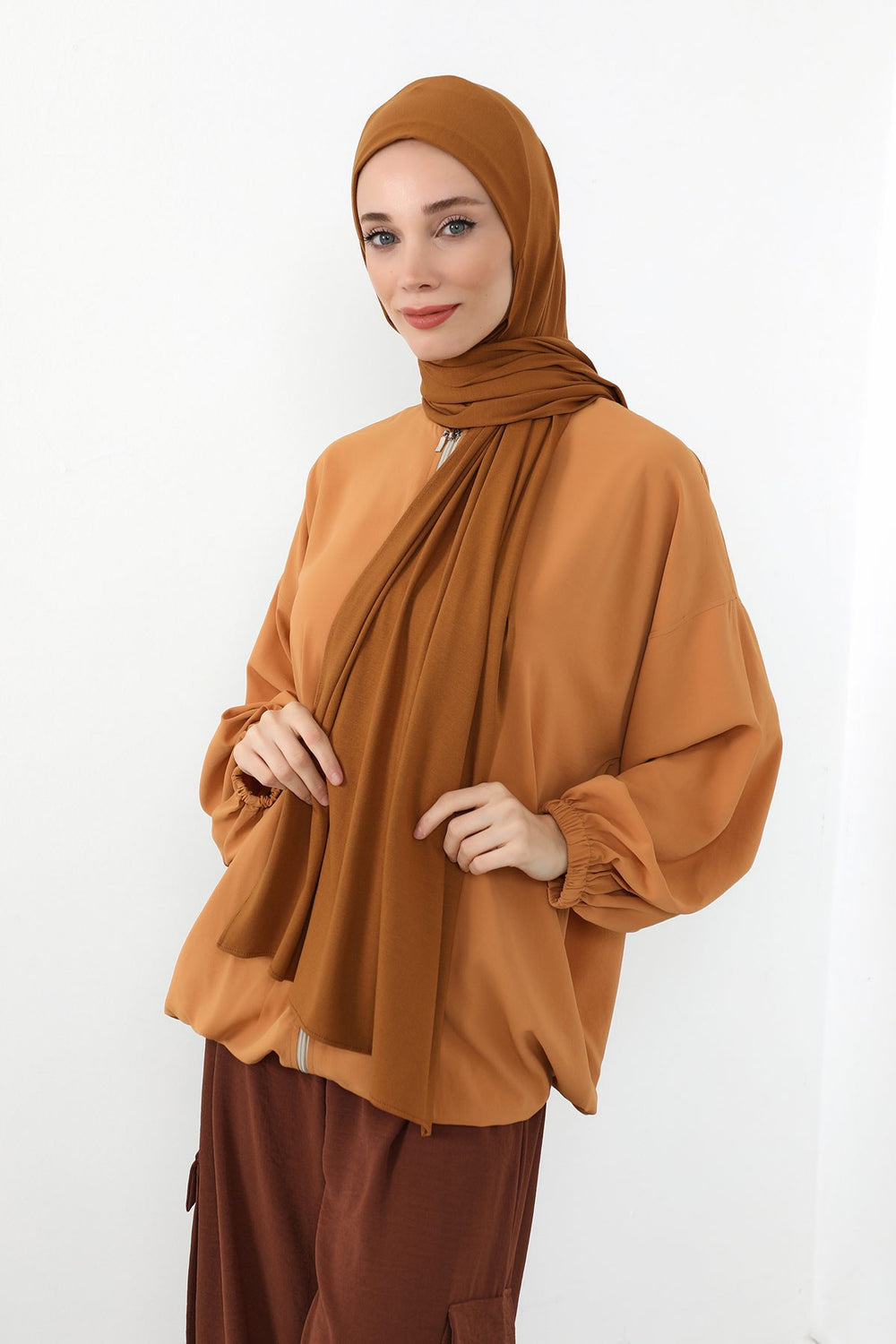 Neck-Covering Practical Jersey Hijab with Built-In Ninja Bonnet, Ready-to-Wear Hijab – Stretch Jersey Design with Integrated Undercap,PS-59 Dark Mustard