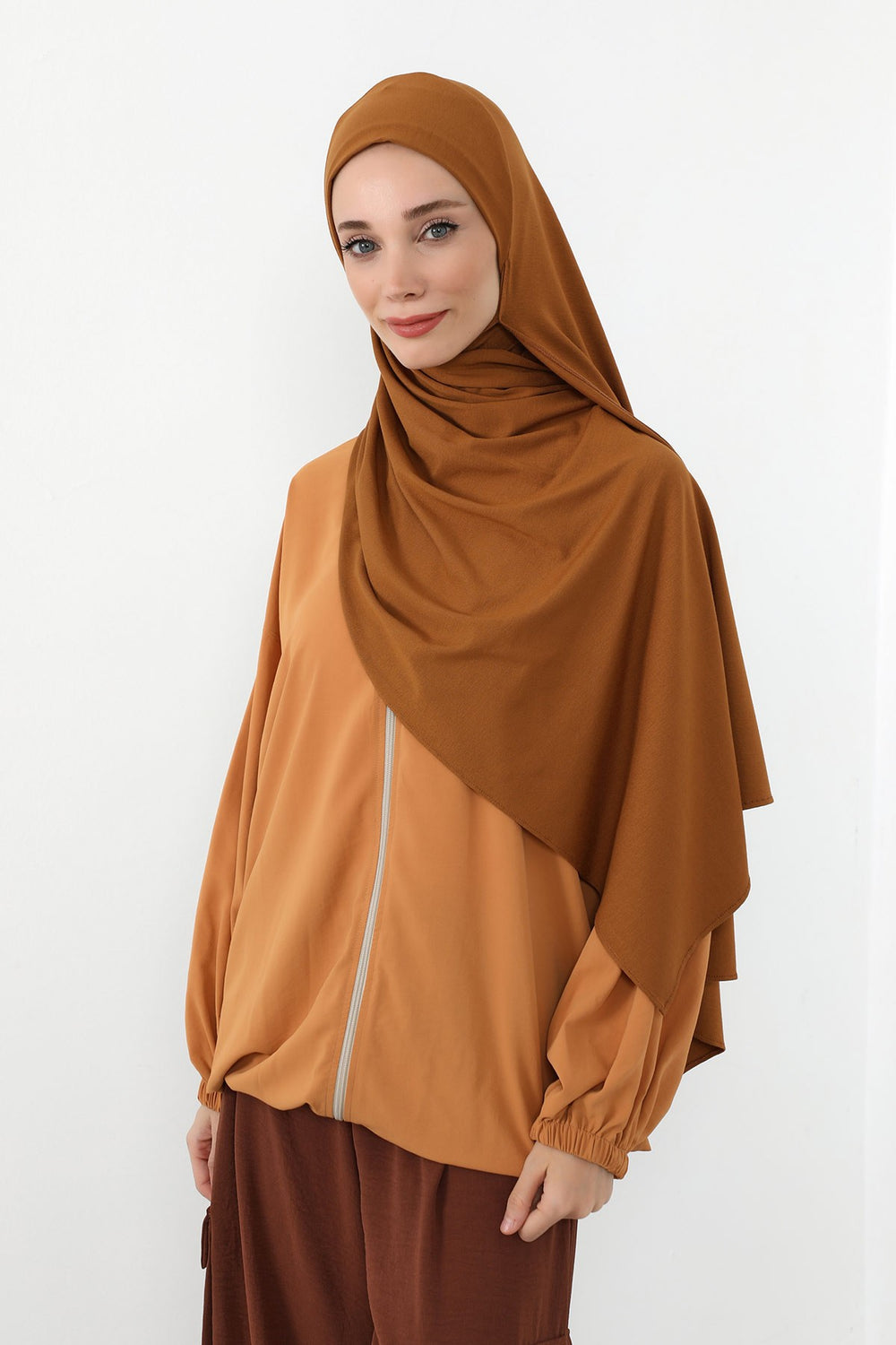 Neck-Covering Practical Jersey Hijab with Built-In Ninja Bonnet, Ready-to-Wear Hijab – Stretch Jersey Design with Integrated Undercap,PS-59 Dark Mustard