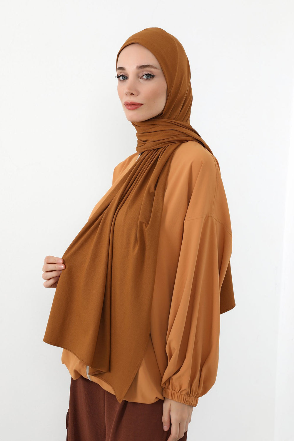 Neck-Covering Practical Jersey Hijab with Built-In Ninja Bonnet, Ready-to-Wear Hijab – Stretch Jersey Design with Integrated Undercap,PS-59 Dark Mustard