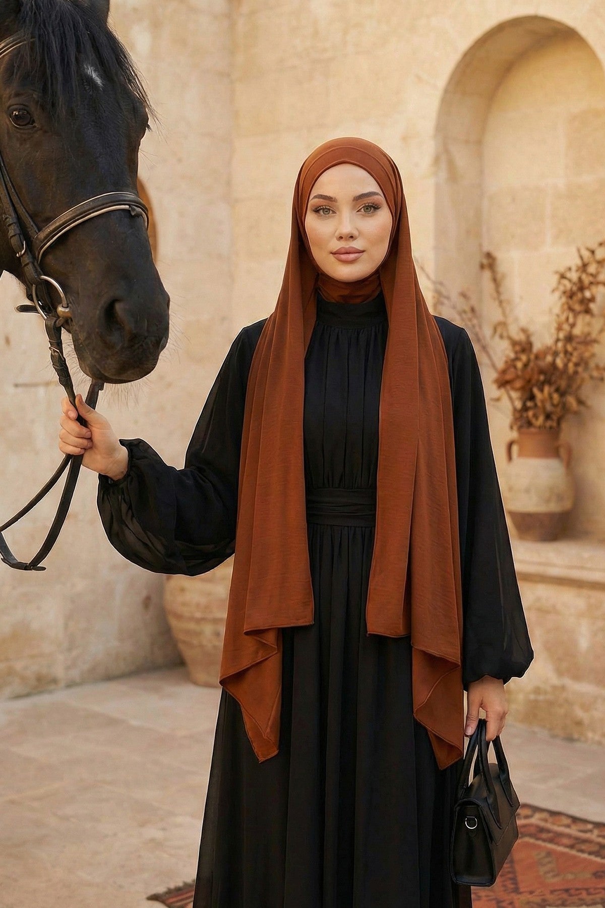 Neck-Covering Practical Jersey Hijab with Built-In Ninja Bonnet, Ready-to-Wear Hijab – Stretch Jersey Design with Integrated Undercap,PS-59 Tile Red