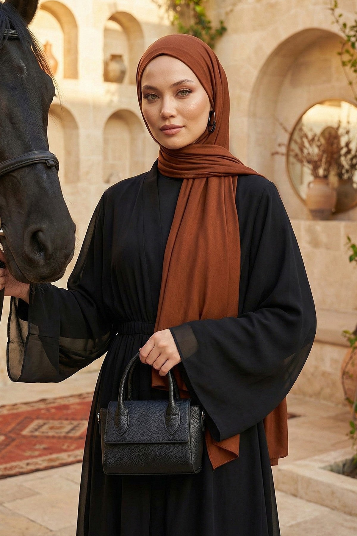 Neck-Covering Practical Jersey Hijab with Built-In Ninja Bonnet, Ready-to-Wear Hijab – Stretch Jersey Design with Integrated Undercap,PS-59 Tile Red